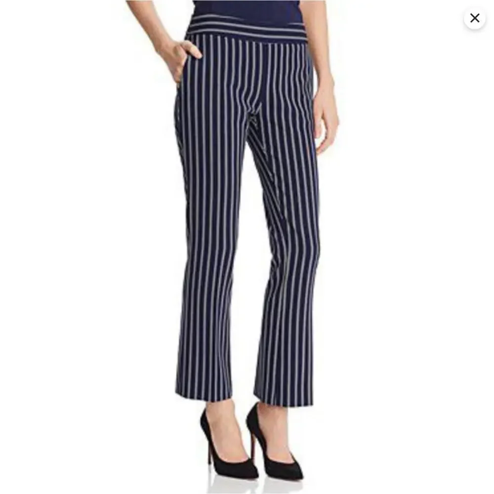 Hugo Boss Navy White Striped Tebella Cropped Bootcut Dress Pant Side Zip Size 8